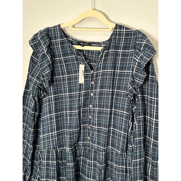 NWT Madewell Women's Gauze Ruffle Trimmed Mini Dress in Deep Indigo Plaid Size L - Picture 5 of 9